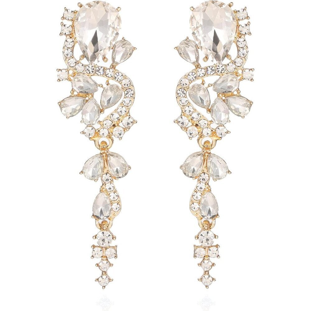 Long Rhinestone Dangle Earrings Crystal Bridal Wedding Teardrop Chandelier